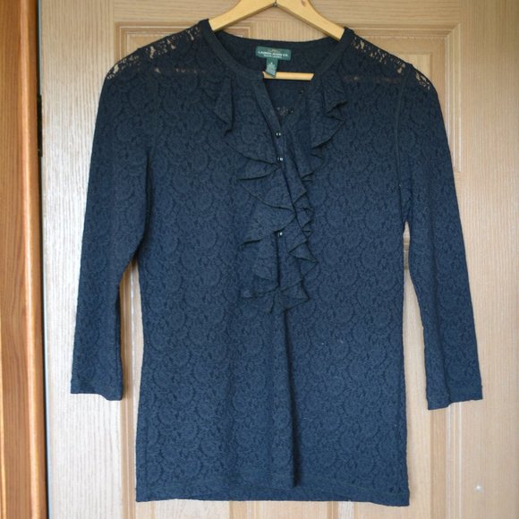 *5 for $10* LRL Ralph Lauren Black Lace Sheer Top Size S - Picture 1 of 7